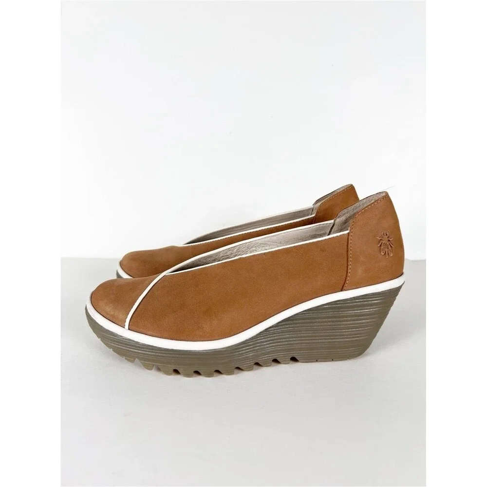 Fly London Yuca Tan Leather White Trim Wedge Slip-On Platform Size 10-10.5